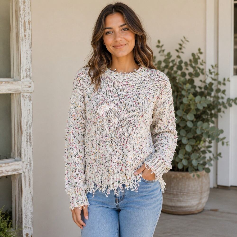 143 Story Sz L Distressed Confetti Sweater Boho Cottagecore Shabby Chic Knit